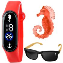 Relógio infantil digital prova dagua + oculos proteção uv proteção uv vermelho fundo mar menino sol