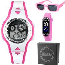 relogio infantil digital rosa barbie + oculos sol + caixa data menina esportivo qualidade premium presente alarme