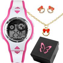 Relogio Infantil Digital Rosa + Brincos + Caixa silicone qualidade premium menina alarme adolescente branco presente