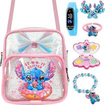 Relogio Infantil Led Crianca + Maquiagem Pulseira + Mochila anel azul lillo stitch tic tac silicone rosa presente luz