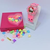 Relógio Infantil Menina Digital Pisca Luz Led Princesas Disney + Kit Miçangas para Montar Criar Pulseiras Colares Anel