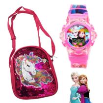 Relógio Infantil Menina Elsa Frozen Disney + Bolsa Unicórnio