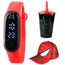 relogio infantil prova dagua digital + copo + boné aranha criança esportivo vermelho combo presente menino original data relogio infantil prova dagua digital + copo + boné aranha criança esportivo vermelho combo presente menino original data