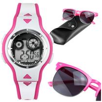 relogio infantil rosa digital + led oculos case premium qualiadde premium silicone menina esportivo rosa ajustavel