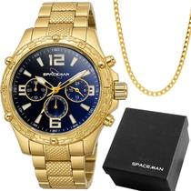 Relogio Inox Aco Banhado Masculino + Caixa + Cordao Grumet original presente inoxidavel dourado robusto pesado grande