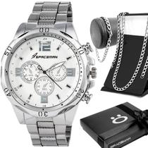 Relogio inox prata masculino aço + pulseira + caixa presente qualidade premium social ponteiro robusto pesado grumet