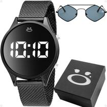 Relogio inoxidavel feminino digital aço + oculos sol black piano qualidade premium redondo ajustavel social led original
