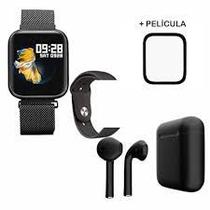 Relogio Inteligente Smart Watch P70 Preto Prova D agua Com duas Pulseiras mais fone i12 mais pelicula instalada - P70-Preto