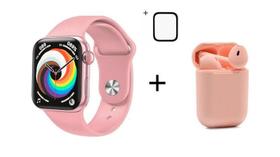 Relogio Inteligente SmartWatch HW19 rosa com 2 pulseiras mais fone I12 e mais pelicula 3D Tela Inifinita NFC