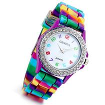 Relógio Jelly Divertido Roxo de Silicone Colorido Arco-íris com Strass para Mulheres e Meninas