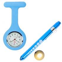 Relógio Lapela Silicone Enfermagem Azul E Caneta Lanterna