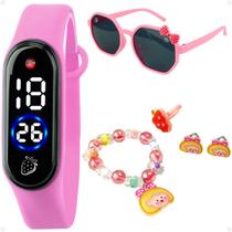 Relogio Led Infantil + Anel + Pulseira Brinco + Oculos Sol criança strass proteçao uv original led