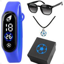 Relógio Led Infantil Futebol + Oculos Sol + Caixa + Colar prova dagua social criança acetato azul