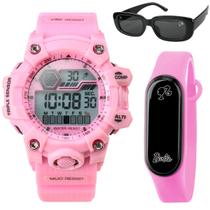 Relogio led rosa infantil digital prova dagua + oculos sol alarme esportivo qualidade premium data