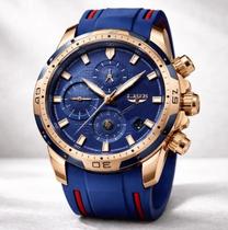 Relógio Lige Masculino Chronograph Dourado Azul - Pulseira Silicone Confortável Relógio Lige Masculino Chronograph Dourado Azul - Pulseira Silicone Confortável