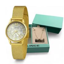 Relógio Lince Dourado Feminino Pequeno com Colar e Brincos Pulseira de Malha Mesh Delicado fundo Marmorizado Branco Original com Nota fiscal Relógio Lince Dourado Feminino Pequeno com Colar e Brincos Pulseira de Malha Mesh Delicado fundo Marmorizado Branco Original com Nota fiscal