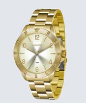 Relogio Lince Feminino Dourado grande a prova dágua kit pulseira banhada com berloques LRG4367L K186