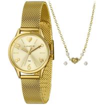 Relógio Lince Feminino Dourado Kit Colar Coração LRGH242L30