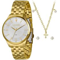 Relógio Lince Feminino Dourado Kit Colar Cruz LRGH223L40 Relógio Lince Feminino Dourado Kit Colar Cruz LRGH223L40