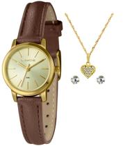 Relogio Lince Feminino dourado pequeno pulseira de couro kit semijoia colar e brinco LRCH170L25 K00F