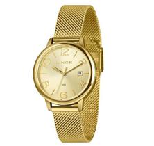 Relógio lince feminino dourado pulseira milanesa com calendário á prova d'água lrgh198l36