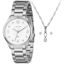 Relogio Lince Feminino grande prata prateado strass cravejado com pedrinhas kit semi joia a prova dagua LRMH208L40 K09M