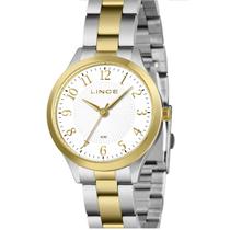 Relogio Lince feminino prata e dourado com numeros misto bicolor banhado a prova de agua LRTM034L36 B2KS