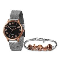 Relógio lince feminino prata e rose + berloque lrt4652l kx65