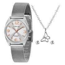Relogio lince feminino prateado kit colar brincos lrmh139l