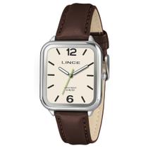 Relogio Lince Masculino quadrado prata pulseira de couro marrom social minimalista prova dagua MQCH282L34 T2NX