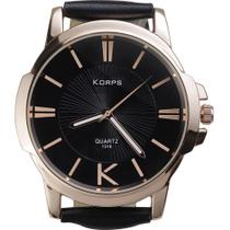 Relógio Luxo Korps 1319 Bronze Fundo Preto Pulseira Couro