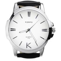 Relógio Luxo Korps 1319 Prata Fundo Branco Pulseira Couro