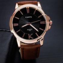 Relógio Luxo Masculino Korps 1319 Bronze Fundo Preto Pulseira Couro Marrom