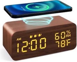 Relógio Madeira Despertador Led Controle voz Carregador Indução Data Hora Temperatura 3 alarmes sensor liga e desliga Relógio Madeira Despertador Led Controle voz Carregador Indução Data Hora Temperatura 3 alarmes sensor liga e desliga