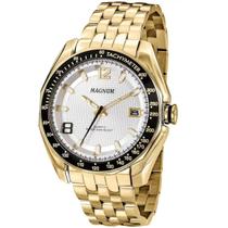 Relógio Magnum Masculino Dourado Analógico com Calendário Pulseira Aço Inoxidável Mostrador Fundo Branco MA32176H