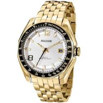 Relógio Magnum Masculino Dourado Analógico Social com Calendário Pulseira Aço Inox Mostrador Fundo Branco MA32176H