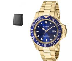 Relogio magnum masculino dourado visor azul calendario ma32934a + carteira Relogio magnum masculino dourado visor azul calendario ma32934a + carteira