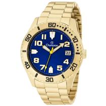 Relógio masc analógico aço inox aro dourado calendario fundo azul Quartz