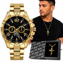 Relogio Masculino Aço Banhado + Caixa + Cordão Crucifixo grande religioso ouro religião católico resistente preto pesado Relogio Masculino Aço Banhado + Caixa + Cordão Crucifixo grande religioso ouro religião católico resistente preto pesado
