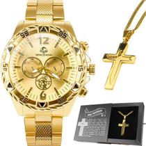 relogio masculino aço banhado + cordão crucifixo + caixa pesado religião qualidade premium original grande dourado