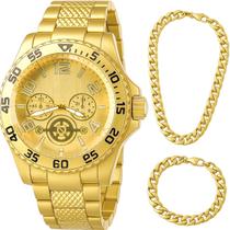 Relogio masculino aco banhado original cordao presente dourado social analogico casual dragao