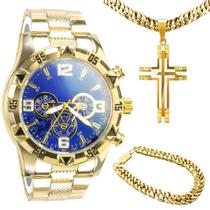 Relogio masculino aço banhado ouro + crucifixo + pulseira qualidade premium azul grande pesado