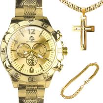 Relogio Masculino Aço Banhado Ouro + Crucifixo + Pulseira resistente prova de agua católico grande jesus prova d'agua