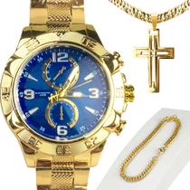 Relogio Masculino Aço Banhado Ouro + Crucifixo + Pulseira resistente prova de agua católico grande jesus prova d'agua