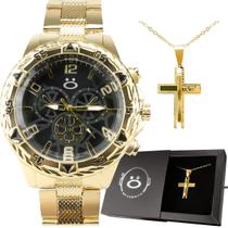 relogio masculino aço banhado ouro grande + caixa + cordao presente qualidade premium social inoxidavel casual