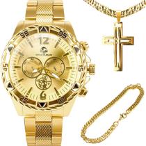 Relogio Masculino Aco Banhado Ouro presente original qualidade premium pingente cruz pesado catolico robusto grande