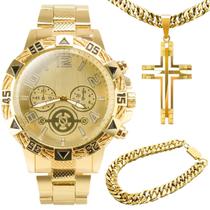 relogio masculino aço banhado ouro + pulseira + crucifixo casual grande qualidade premium presente original social