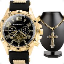 relogio masculino aço banhado + pulseira + cordão crucifixo grumet social pai nosso casual presente qualidade premium