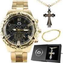 relógio masculino aço banhado + pulseira + cordão crucifixo qualidade premium casual preto presente dourado inoxidável