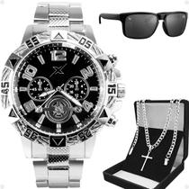 Relogio Masculino Aço + Cordão Cruz + Oculos Sol crucifixo robusto social preto presente original grande ponteiro cruz